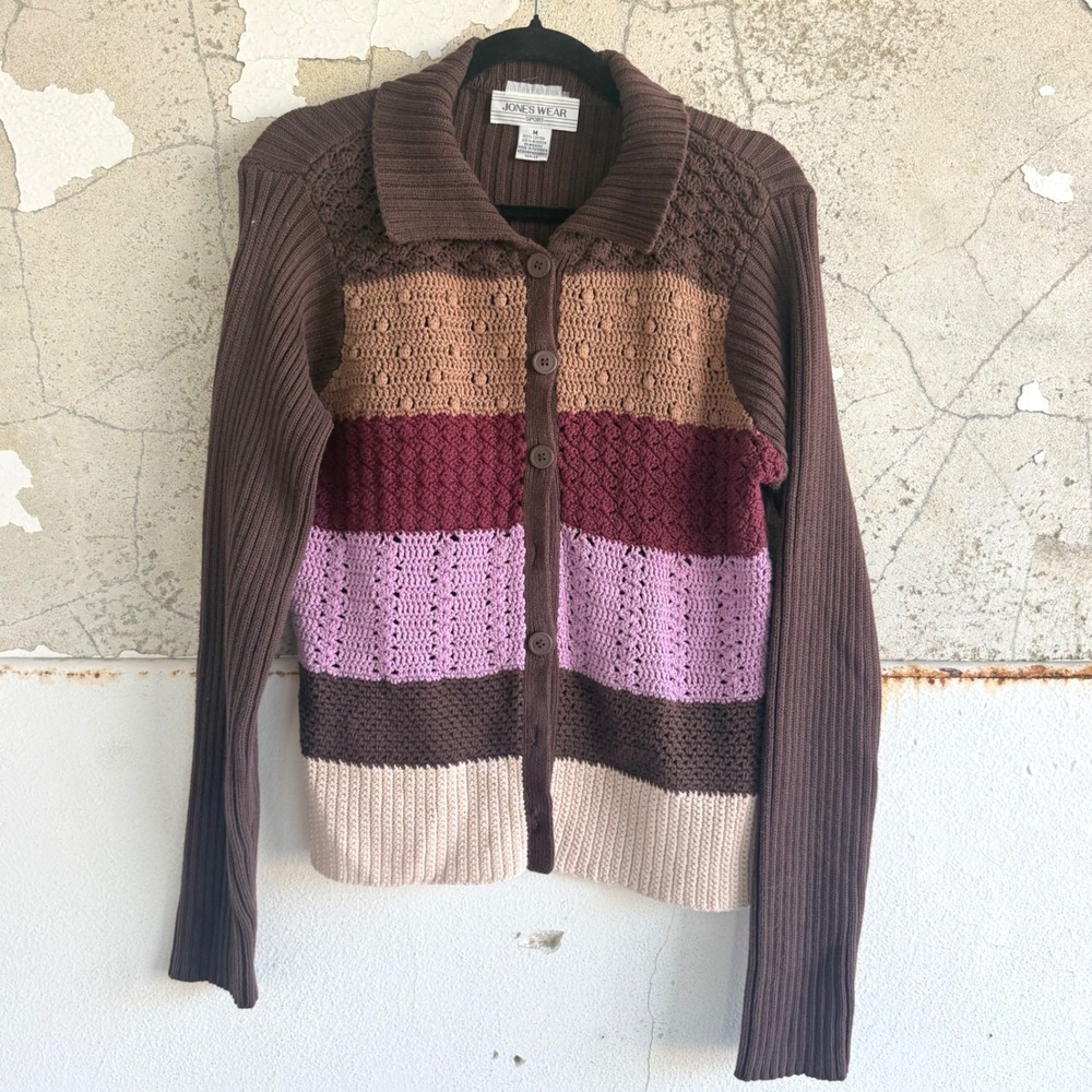 Vintage Crochet Cardigan Sweater Knit Button Up 90s Colorblock Boho Womens M